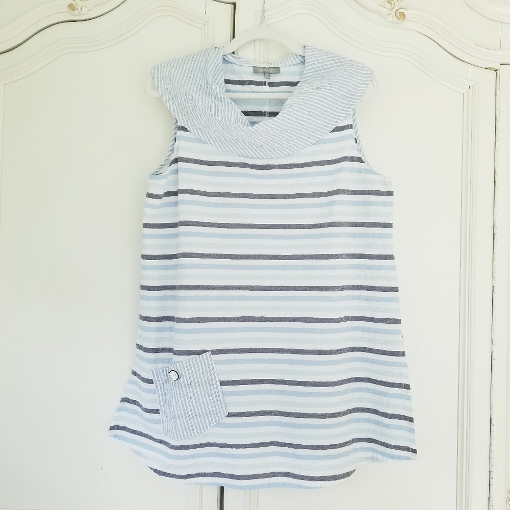 Habitat Blue Stripe Sleeveless Wide Collar Textured A Line Tunic Top Medium